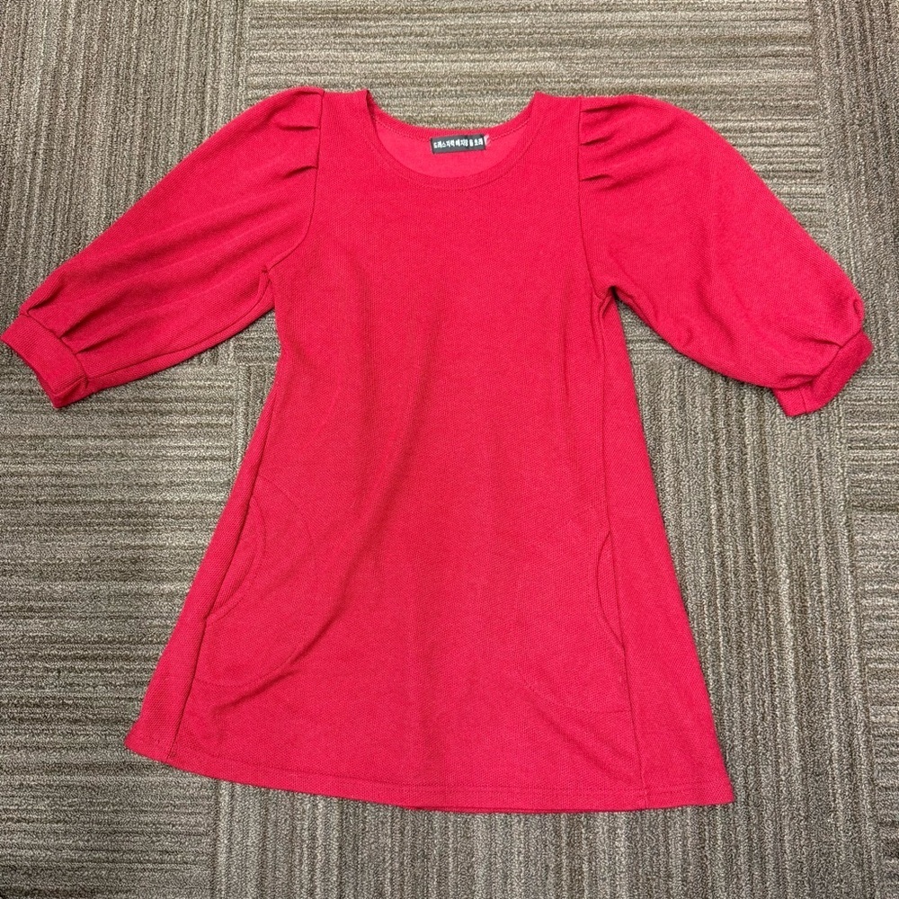 Bright Red Girls Knit Dress with Puff Sleeves Pockets